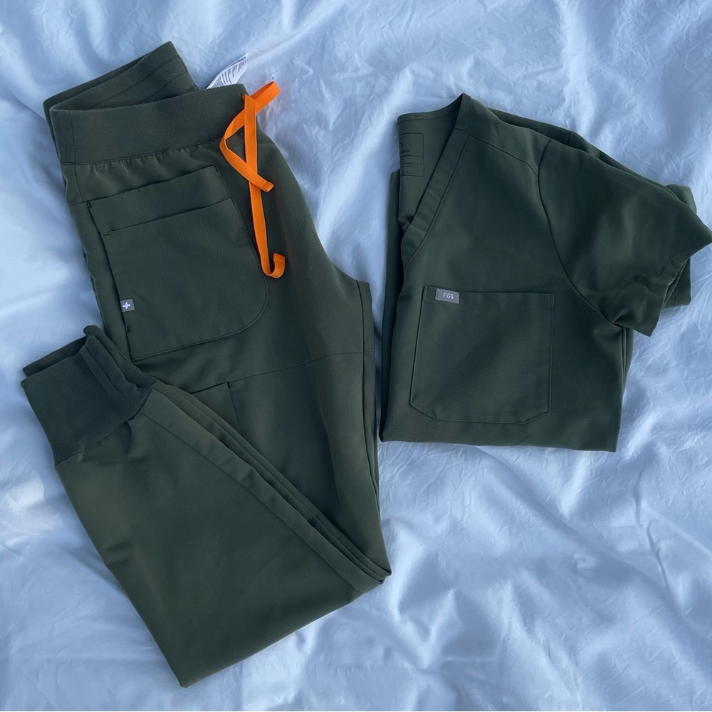 Figs Olive Green Scrub Top and Jogger Set with Orange Drawstring
